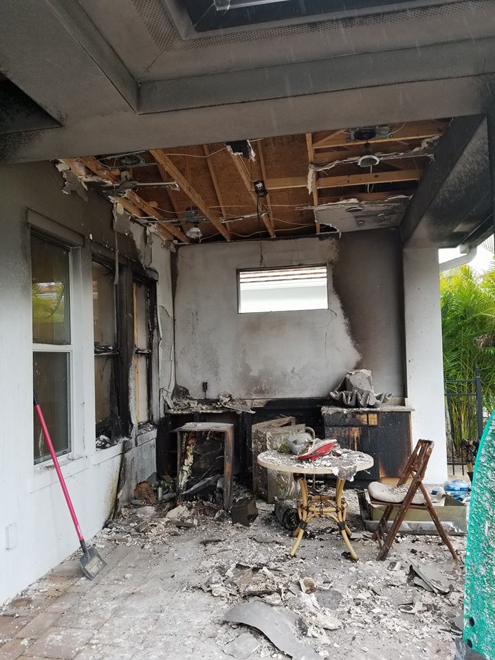 Fire and smoke damage cleanup on a Florida home patio